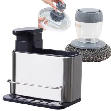 Imagem de Kit Organizador de Pia com Dispenser de Detergente e Escova de Limpeza com Dispenser, Inox e Preto