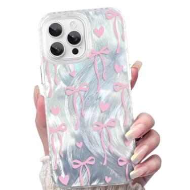 Imagem de AIGOMARA Capa para iPhone 16 Pro, lindo coração rosa e laço de fita transparente capa de telefone estética moderna macia fina TPU e PC traseira protetora à prova de choque para mulheres meninas