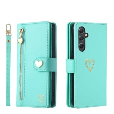 Imagem de HJZSZX Para Samsung A06 Cordão Couro Zip Carteira Cartão Capa de Telefone Flip (Para Samsung A06/Verde Claro)