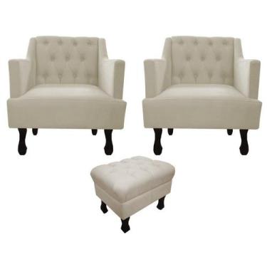Imagem de Kit 2 Poltronas Decorativa Julia + Puff Luis Xv Suede Bege Pés Madeira