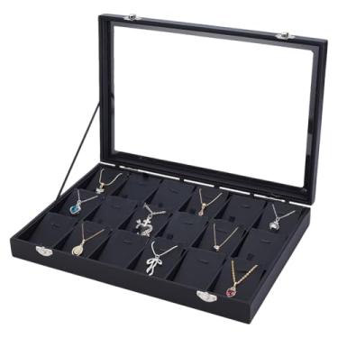 Imagem de AHANDMAKER Bandeja organizadora de colar com divisórias, bandeja de joias preta de grade 18 com cartões removíveis, bandeja de armazenamento de joias com tampa transparente para brincos, colares