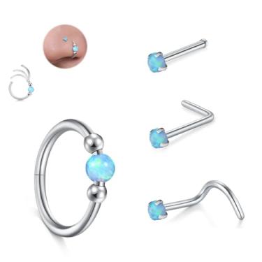 Imagem de JFORYOU Conjunto de anéis de nariz 18G para mulheres, aço inoxidável, hipoalergênico, em forma de L, saca-rolhas, pinos de nariz reto, opala articulada, segmento de clique, argolas de nariz, argolas