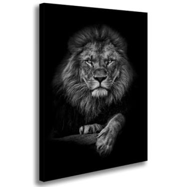 Imagem de Quadro Decorativo Leão Preto e Branco Tela Canvas 90x60 Borda Infinita Impressão Full HD