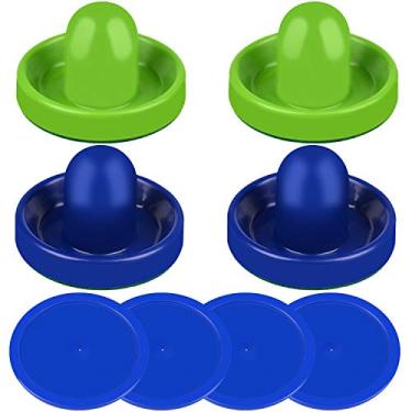 Imagem de ONE250 Air Hockey Pushers and Blue Air Hockey Pucks, Goal Handles Paddles Acessórios de Substituição para Tabelas de Jogo (4 Striker, 4 Puck Pack) (Azul e Verde)