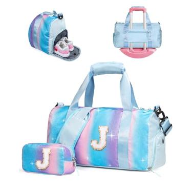 Imagem de Vogewood Presente para filhas, meninas, meninas, bolsa de ginástica com compartimento para sapatos, bolsas de fim de semana personalizadas para crianças, bolsa de viagem inicial com bolsa de maquiagem