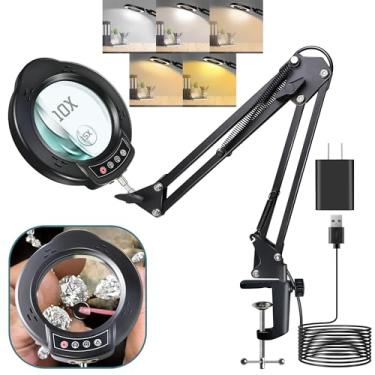 Imagem de ETGOLE Lupa de 15 x e 10 x com luz e grampo, lupa iluminada com suporte de vidro real, 3 modos de cores, lâmpada de mesa de LED regulável contínua, mãos livres, para artesanato, passatempo, leitura,