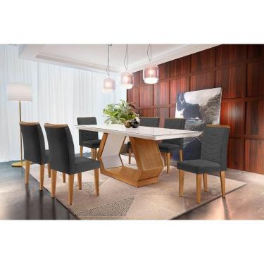 Imagem de Sala De Jantar Completa Alvorada Tampo Madeirado C- Vidro Canto Reto 180x90cm E 6 Cadeiras Londrina Imbuia-off White - Suede Grafite - Rufato