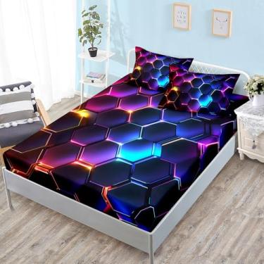 Imagem de HOSIMA Jogo de cama casal de favo de mel 3D, geométrico, hexágono, para decoração de quarto de crianças, adolescentes, luzes neon, 1 lençol com elástico + 2 fronhas.
