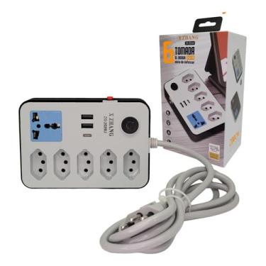 Imagem de Filtro de Linha com 6 Tomadas, 3 Portas USB, Protetor contra Surtos, Branco e Preto