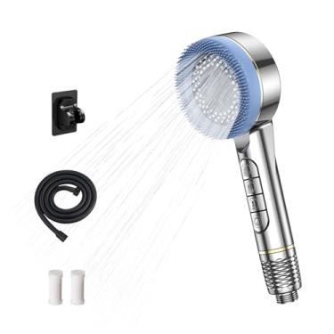 Imagem de MBBTAG Chuveiro com mangueira Chuveiro com filtro com interruptor portátil de um toque Chuveiro de alta pressão Ajuste de várias velocidades Chuveiro de chuva Design de escova de borda(Prata)