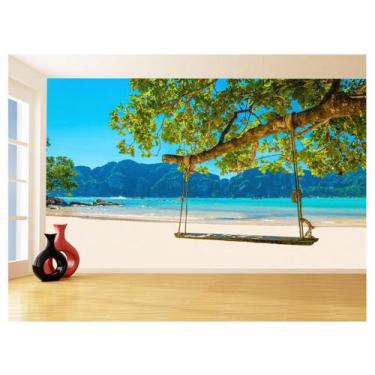 Imagem de Papel De Parede 3D Praia Mar Balanço Na Árvore 3,5M Npr278 - Você Deco