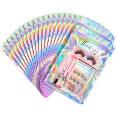 Imagem de FUNFERY Sacos holográficos à prova de cheiro de janela transparente de canto redondo de 16 x 24 cm, sacos resseláveis Mylar, bolsa de embalagem para doces, joias, suprimentos para pequenas empresas