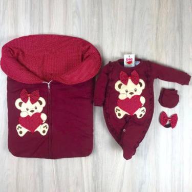 Imagem de Saída maternidade bebê menina com saco de dormir bodado ursa coração m