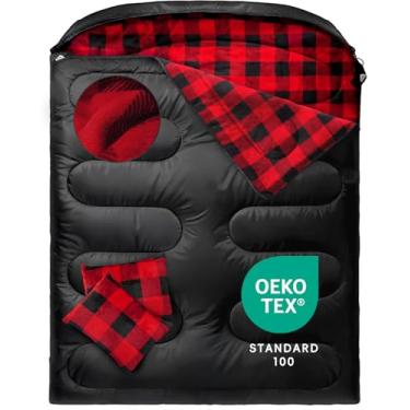 Imagem de MEREZA Saco de dormir duplo de flanela para adultos clima frio, saco de dormir tamanho queen GG para todas as estações 2 pessoas sacos de dormir grandes e altos para acampamento 0 graus com
