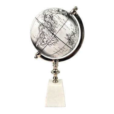 Imagem de Globo Terrestre Decorativo Metal Branco Base Pedra Natural