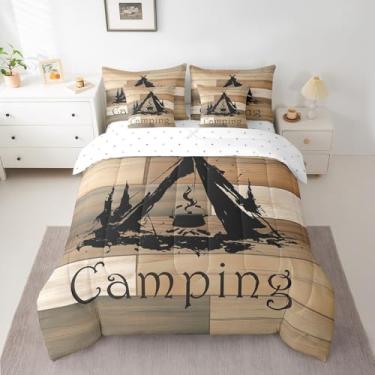 Imagem de Feelyou Conjunto de cama queen para acampamento, 7 peças, fogueira, para crianças, meninos, meninas, tenda, acessórios para trailers de viagem, bege, marrom