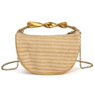Imagem de Bolsa clutch de palha feminina mini bolsa de verão moderna bolsa transversal de ombro com alça de corrente, Bege palha, 22 cm x 6 cm x 14 cm