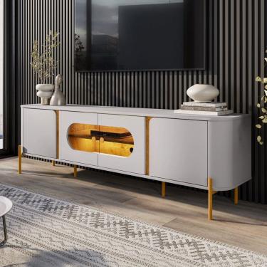 Imagem de Rack para TV Até 75 Polegadas Evans 4 Portas com Vidro e Led Off White/Naturallle - Pnr Móveis