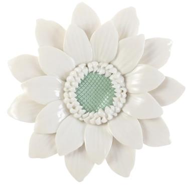 Imagem de ALYCASO Flor de cerâmica girassol decoração de parede arte 3D artesanal flor escultura presentes modernos para sala de estar corredor quarto sala de jantar ao ar livre branco 12 cm