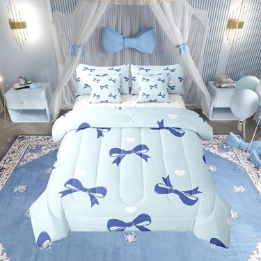 Imagem de Erosebridal Conjunto de cama solteiro Blue Bows, 7 peças, linda princesa com laço em uma bolsa, conjunto de cama com desenho animado de corações de amor, inclui edredom, conjunto de lençóis, fronhas e