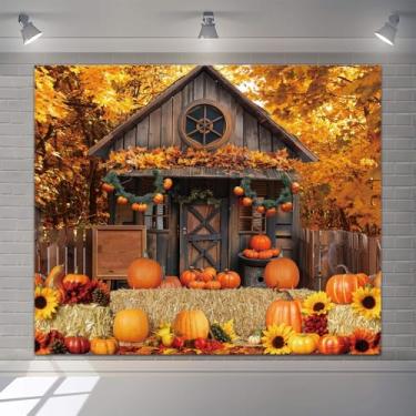 Imagem de Decoração de banner de outono de Ação de Graças, 3 x 2,4 m, outono, celeiro, festa de Ação de Graças, cenário fotográfico, abóbora, colheita, palheiro, girassol, fotografia, adereços para retrato de