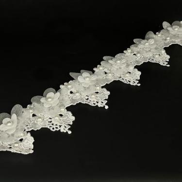 Imagem de 1 jarda vintage flor branca contas pérola fita acabamento em renda tecido floral apliques bordado renda para casamento vestido de noiva roupas faixa de cabeça chapéu fantasia decoração de festa