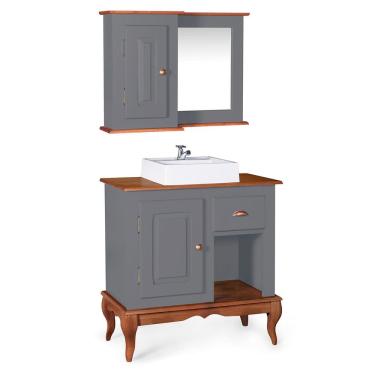 Imagem de Gabinete para Banheiro com Cuba e Armário Espelheira Dália 3064 - Cinza/Imbuia Glazer