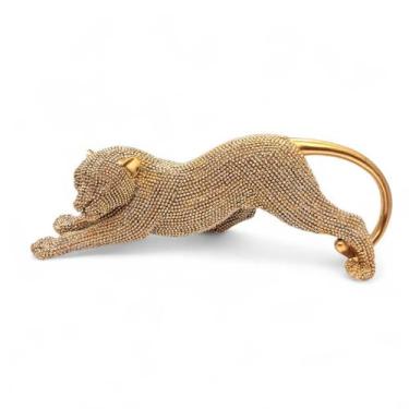 Imagem de Estátua Leopardo Dourado Esticado Brilhante Detalhado 23 cm - Flash