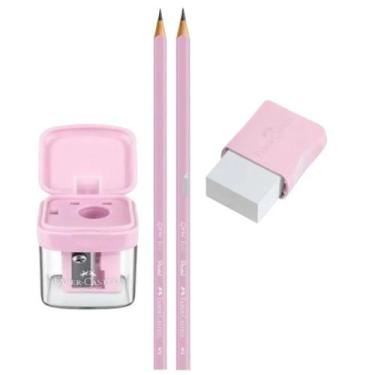 Imagem de Kit 2 eco lápis n.2 + apontador + borracha pastel rosa - faber castell