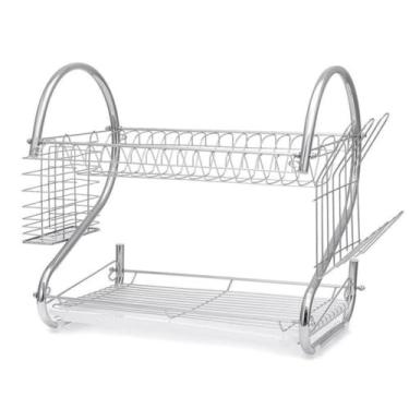 Imagem de Escorredor de Louça 2 Andares em Aço Cromado 40x24x38 cm com Porta‑Copos, Porta‑Talheres e Bandeja Coletora – Compacto e Resistente