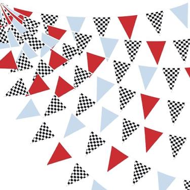 Imagem de Decorações de festa de corrida de 80 m, vermelho, azul, preto, branco, xadrez, faixa de tecido, bandeira triangular, flâmulas para crianças, carro de corrida, aniversário, pista de corrida, chá de