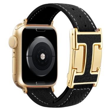 Imagem de JSGJMY Pulseira magnética de couro compatível com Apple Watch 38 mm, 40 mm, 41 mm, 42 mm, 44 mm, 45 mm, 46 mm e 49 mm, para mulheres e homens, pulseira de substituição de couro de grão superior para