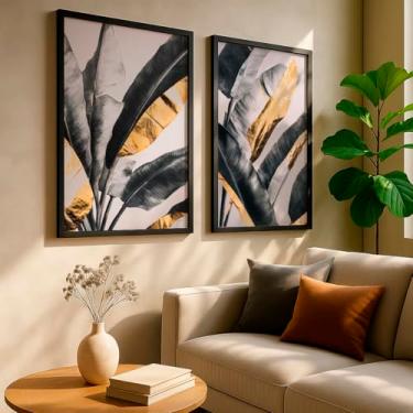 Imagem de Kit 2 Quadros Decorativos Folhas Abstratas Verde Fundo Bege Natureza Minimalista Leve Parede Com Moldura
