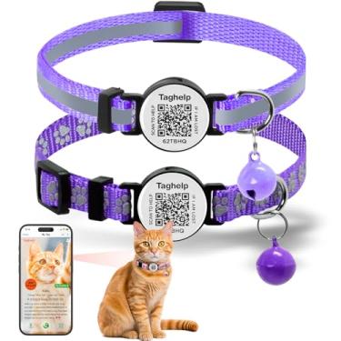 Imagem de TAGHELP Coleira reflexiva para gatos com sinos, etiqueta de identificação inteligente com código QR, pacote com 2 coleiras ajustáveis de 19 a 32,5 cm (roxo)