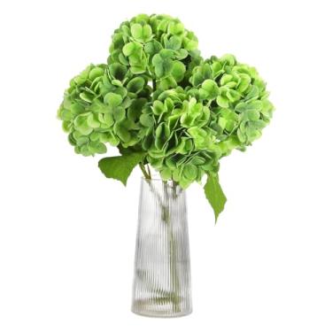 Imagem de HARFINGTON 4 peças de flores artificiais de hortênsia 47 cm látex toque real buquês de flores de hortênsia falsas grandes realistas para casa, cozinha, festa, decoração de casamento, verde