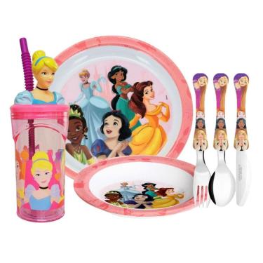 Imagem de Kit Refeição Infantil Princesas Disney 6 Peças Prato, Tigela, Copo e Talheres - Tuut