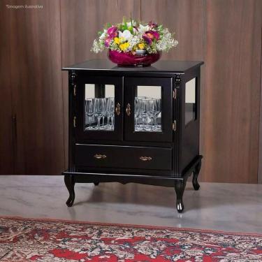 Imagem de Cristaleira Pequena De Madeira 2 Portas 1 Gaveta Espelho Vidros Na Lateral Pés Luiz Xv - Preto Laca