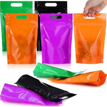 Imagem de TaoBary 48 peças de sacos de doces de petisco resseláveis de Halloween com alça, sacos de plástico para brindes de Halloween com janela para festas, suprimentos de embrulho de presente para pequenos