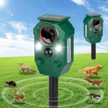 Imagem de Pacote com 2 repelentes solares ultrassônicos de animais ao ar livre – Repelente de veado ativado por sensor de movimento com luzes intermitentes e som, à prova d'água IP65, dissuasor para gatos, cães