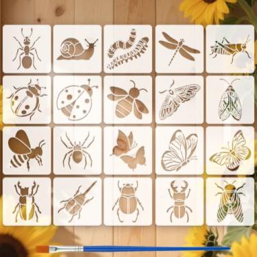 Imagem de FINGERINSPIRE 20 peças de estêncil de pintura de animais com pincel 14 x 14 cm borboleta libélula besouro aranha abelha joaninha modelo de desenho padrão faça você mesmo para pintura em móveis de