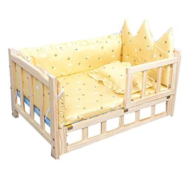 Imagem de OQOPO Dog House Cama de madeira para cães com encosto de cabeça Cama elevada para animais de estimação Cama de inverno quente para cães com grade de proteção e escadas para cães, animais de estimação