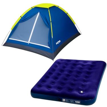 Imagem de Kit Camping 4 Pessoas, Barraca Iglu Azul-escuro 2,10m x 1,3m, Colchão Inflável Casal com Bomba de Pé