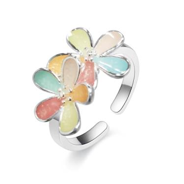 Imagem de Elegante anel de margarida para mulheres, colorido, esmaltado, floral, empilhável, eternidade, anel aberto ajustável, banhado a prata, aliança de casamento de compromisso, ajuste confortável, joia