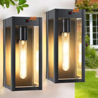 Imagem de Luzes de arandela de parede externa com sensor de movimento de 26,9 cm, pacote com 2, luminárias externas pretas do crepúsculo ao amanhecer com 3 modos de iluminação, luzes de varanda dianteira