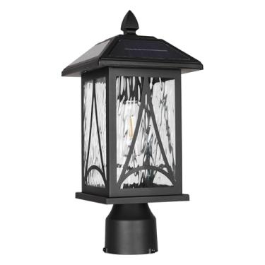 Imagem de Poste de luz solar ao ar livre, lanterna de pilar preta à prova d'água com vidro ondulado de água, lâmpada LED alimentada por energia solar para pátio, jardim, caminho, varanda e garagem (lâmpada