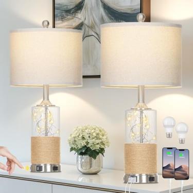 Imagem de Cinyirong Conjunto de 2 candeeiros de mesa Boho de 63,5 cm, candeeiros de cabeceira de vidro costeiro com portas USB A+C e tomada AC, lâmpada de vime com luz noturna para mesa de cabeceira, sala de