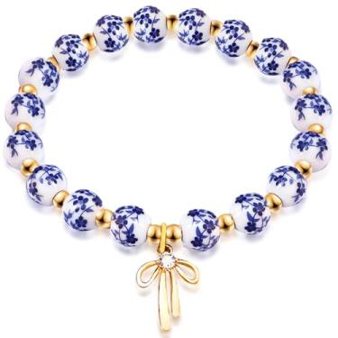 Imagem de lakayfimily Pulseira feminina com pingente de laço vintage com contas de flores feitas à mão ouro delicada pulseira elástica joia romântica presente