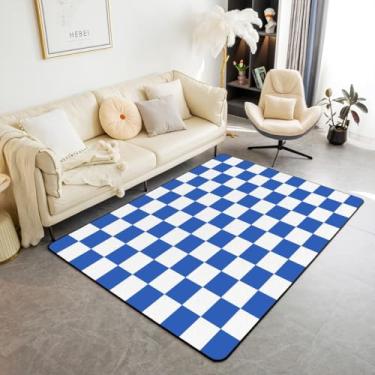 Imagem de Tapete quadriculado retrô decorativo adolescente mulheres homens azul branco tapete de área xadrez 3x5 crianças meninos meninas geométrico vintage tapetes para sala de estar para quarto, moderno