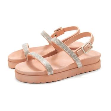 Imagem de Sandalia Papete de Strass Flatform Feminina Rasteirinha Tratorada Com Fivela Moderna Palmilha Macia Tamanho:34;Cor:Nude;Gênero:Feminino;Departamento BS:Esporte