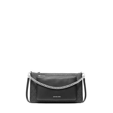 Imagem de Michael Kors Bolsa tiracolo conversível Jet Set com bolso médio, ferragens prateadas/sarja revestida com assinatura Tonal MK/preta